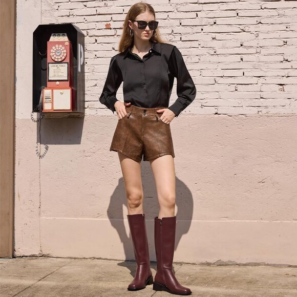 Women Brown Chunky Low Heel Square Toe Elastic Tall Boots Side Zipper PU Lea - Picture 5 of 6